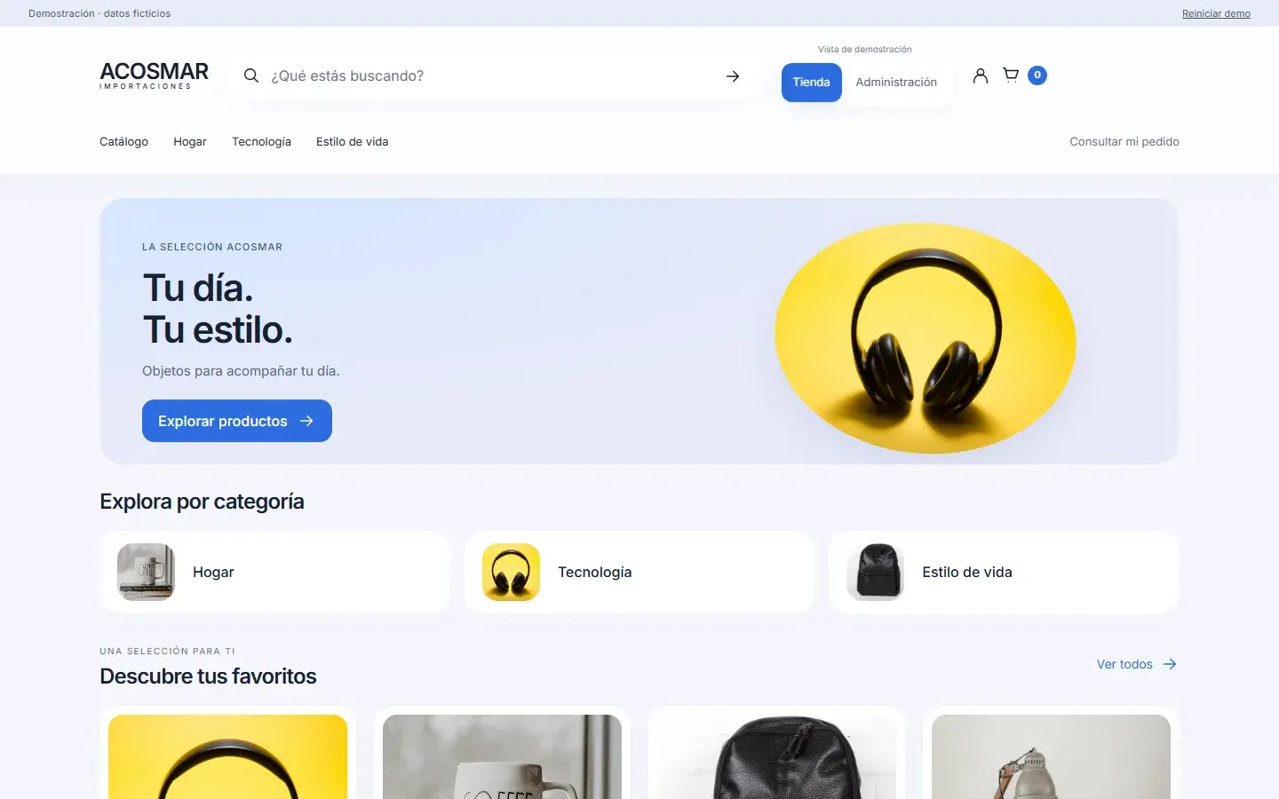 Tienda de demostración AcoSMAR con categorías Hogar, Tecnología y Estilo de vida.