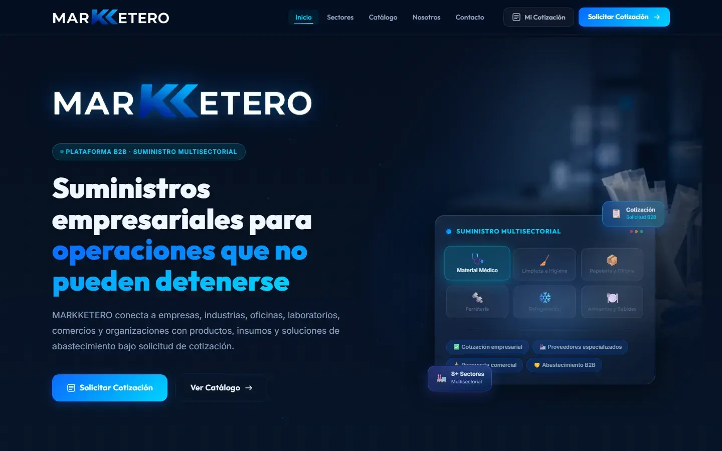 Sitio real de Markketero: suministros empresariales, sectores y solicitud de cotización.