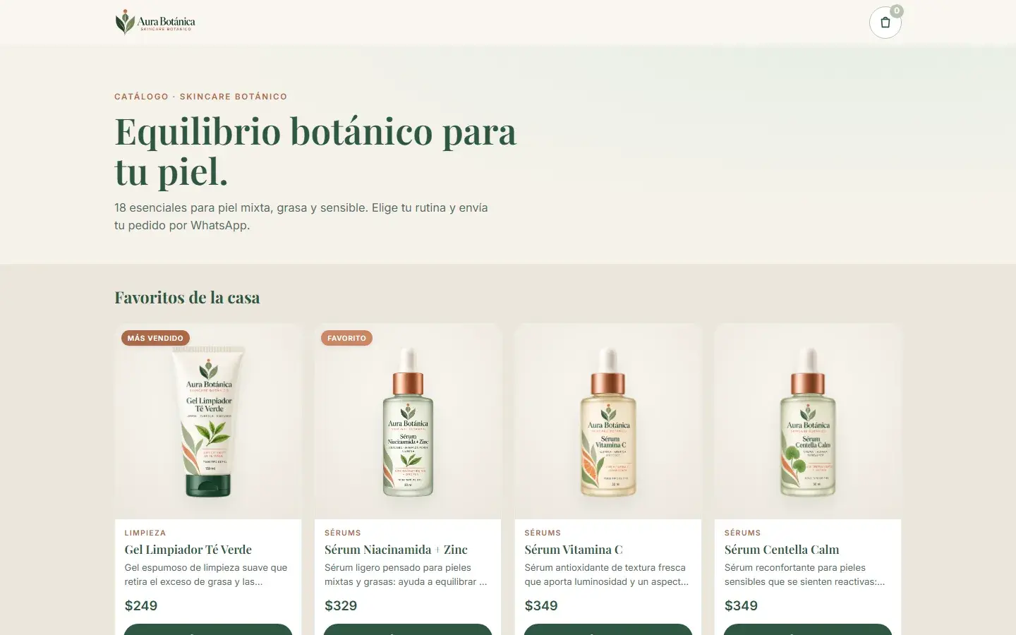 Catálogo real de Aura Botánica: fichas, precios y selección de productos.