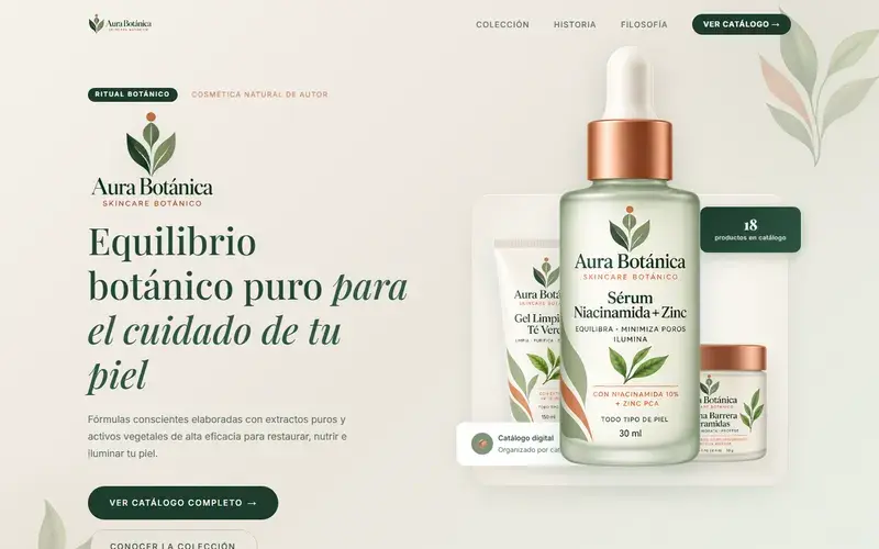 Web real de Aura Botánica: identidad botánica y presentación de su catálogo de skincare.