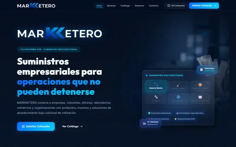 Sitio real de Markketero: suministros empresariales, sectores y solicitud de cotización.